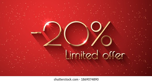 20 Percent Offer Background with golden shining numbers. Sale banner template design. New Year, Black Friday, Valentines Day - holiday seasonal discount template