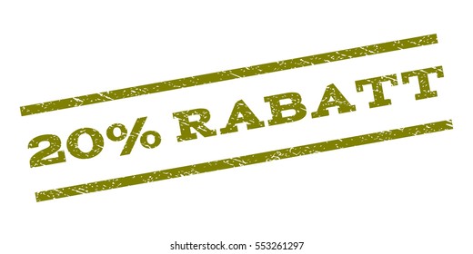 20 Percent Rabatt watermark stamp. Text tag between parallel lines with grunge design style. Rubber seal stamp with dirty texture. Vector olive color ink imprint on a white background.