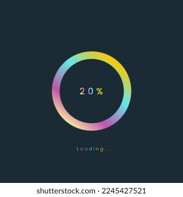 20% Regenbogen-Ladeleiste, Luplouad-Benutzeroberfläche, buntes Futuristisches Ladesymbol, ein Lademenü-UI, verwenden für Download-Fortschritt, Spiel-Laden-Interface-Design, Vektorgrafik.