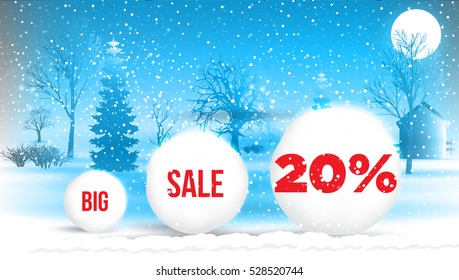 20  percent, Sale background with snowballs and snow.