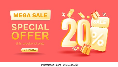 20 por ciento Oferta especial mega venta, cheque y caja de regalo. Cartel y afiche de venta. Ilustración vectorial.