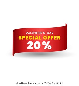 20 percent Special red offer banner design, Red ribbon for price tag. special Valentine Day. Vector illustration