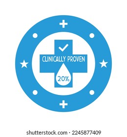 Icono vector clínicamente comprobado del 20%. Insignia vectorial, probada clínicamente, aprobada. Icono de resultado garantizado clínicamente comprobado. Pegatina, etiqueta o vectores de sello.