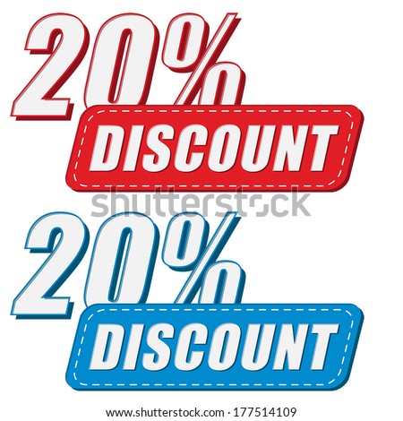 20 percentages discount in two colors labels, business shopping concept, flat design, vector