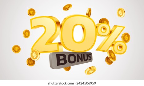 20 percents bonus. Falling golden coins. Cashback or prize concept. Vector illustration