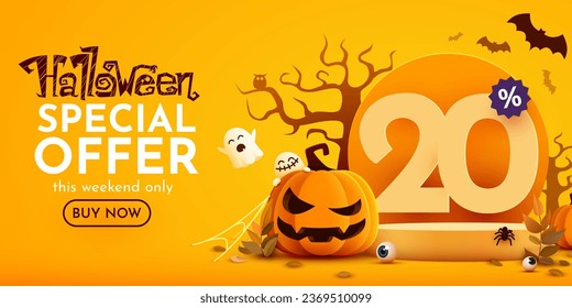 20 percents off. Halloween sale banner template. Podium and numbers with amount of discount. Special October offer. Vector illustration.