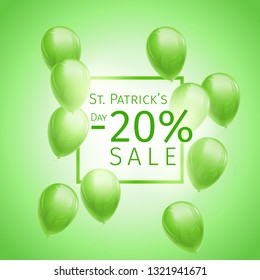 20 percetn off St. Patricks Day Banner with flying green and white balloons and frame on green background