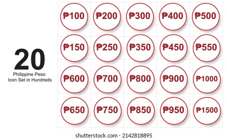 20 Philippine Peso Red Icon Signs in Hundreds and fifties from 100 to 1500 isolated on white background. Vector Illustration. EPS 10 File. 
