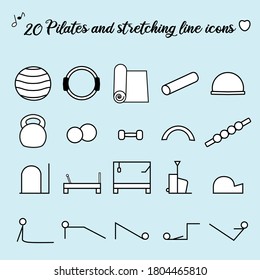 20 Pilates and stretching line icons