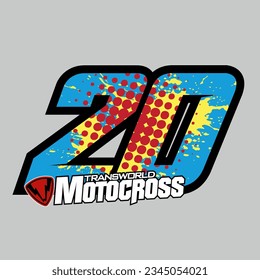 20. racing number light blue color, sports racing number with yellow and red halftone style vector illustration .isolated gray background