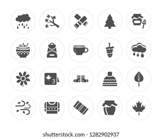 20 Rain, Tree branch, Blanket, Sweater, Wind, Honey, Grapes, Socks, Sunflower, Backpack modern icons on round shapes, vector illustration, eps10, trendy icon set.