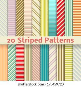 20 Retro striped vector seamless patterns (tiling). Textures for wallpaper, fills, web page background, surface. Set of monochrome geometric ornaments. Yellow, red, orange, blue and purple colors.