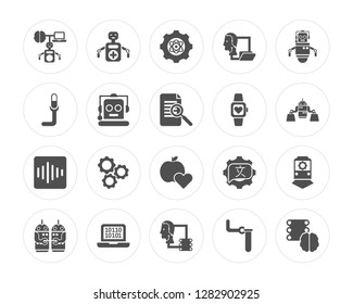 20 Robot, Nurse, Data transfer, Binary code, Robots, Wristwatch, Healthcare, Speech, Robot modern icons on round shapes, vector illustration, eps10, trendy icon set.