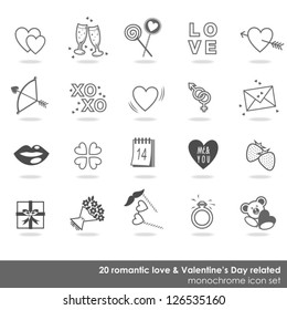 20 romantic love Valentine's Day related monochrome icon set isolated on white background