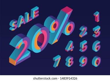 20% sale. 0, 1, 2, 3, 4, 5, 6, 7, 8, 9 isometric 3D numeral alphabet. Percent off, sale background. Colorfull polygonal triangle Letter. Eps10. Vector Isolated Number.