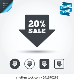 20% sale arrow tag sign icon. Discount symbol. Special offer label. Circle and square buttons. Flat design set. Thank you ribbon. Vector