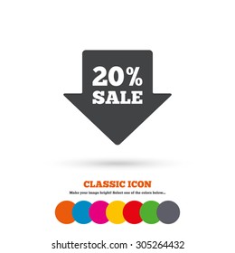 20% sale arrow tag sign icon. Discount symbol. Special offer label. Classic flat icon. Colored circles. Vector