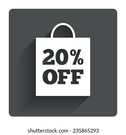 20% sale bag tag sign icon. Discount symbol. Special offer label. Gray flat square button with shadow. Modern UI website navigation. Vector