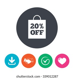 20% sale bag tag sign icon. Discount symbol. Special offer label. Download arrow, handshake, tick and heart. Flat circle buttons.