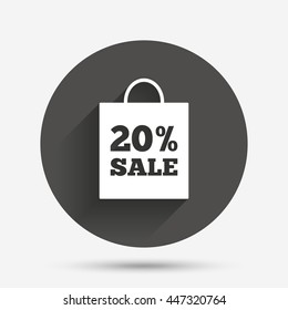 20% sale bag tag sign icon. Discount symbol. Special offer label. Circle flat button with shadow. Vector