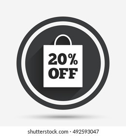 20% sale bag tag sign icon. Discount symbol. Special offer label. Circle flat button with shadow and border. Vector