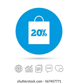 20% sale bag tag sign icon. Discount symbol. Special offer label. Copy files, chat speech bubble and chart web icons. Vector