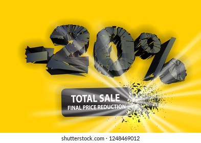 20% sale black sign with exploding plate. Vector illustration. Yellow background