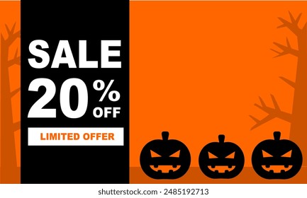 20% sale discount halloween theme. Bussiness web banner or social media banner halloween. Orange and black spooky . Special October offer. Vector illustration. Spooky jack o lantern. 