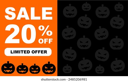 20% sale discount halloween theme. halloween sale shoping online big deal. Bussiness web banner or social media banner black orange. Special October offer. Vector illustration