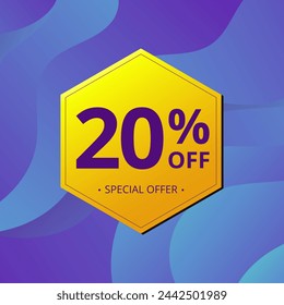 20% Sale and Discount Label. Twenty percent Sale Discount label Geometric design. Abstract Blue and Yellow Hexagon. Vector illustration.