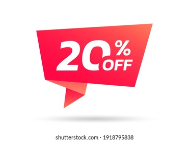 20% sale or discount tag, sticker or origami label. 20 percent price off badge. Promotion, ad banner, promo coupon design element. Vector illustration.