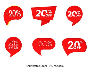 20% sale or discount tag or sticker set. 20 percent price off badge or label collection. Promotion, ad banner, promo coupon design element. Vector illustration.