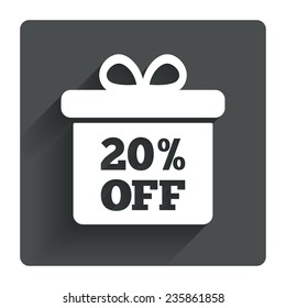 20% sale gift box tag sign icon. Discount symbol. Special offer label. Gray flat square button with shadow. Modern UI website navigation. Vector