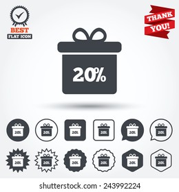 20% sale gift box tag sign icon. Discount symbol. Special offer label. Circle, star, speech bubble and square buttons. Award medal with check mark. Thank you. Vector