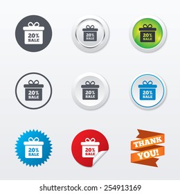 20% sale gift box tag sign icon. Discount symbol. Special offer label. Circle concept buttons. Metal edging. Star and label sticker. Vector