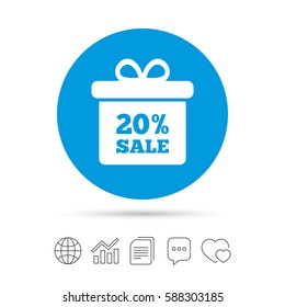 20% sale gift box tag sign icon. Discount symbol. Special offer label. Copy files, chat speech bubble and chart web icons. Vector