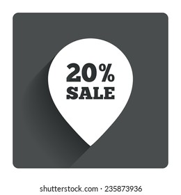 20% sale pointer tag sign icon. Discount symbol. Special offer label. Gray flat square button with shadow. Modern UI website navigation. Vector