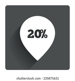 20% sale pointer tag sign icon. Discount symbol. Special offer label. Gray flat square button with shadow. Modern UI website navigation. Vector