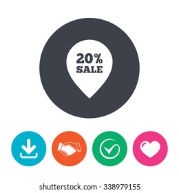 20% sale pointer tag sign icon. Discount symbol. Special offer label. Download arrow, handshake, tick and heart. Flat circle buttons.