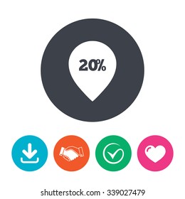 20% sale pointer tag sign icon. Discount symbol. Special offer label. Download arrow, handshake, tick and heart. Flat circle buttons.