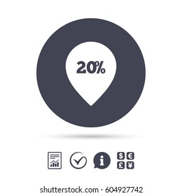 20% sale pointer tag sign icon. Discount symbol. Special offer label. Report document, information and check tick icons. Currency exchange. Vector
