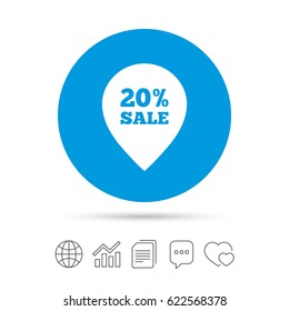 20% sale pointer tag sign icon. Discount symbol. Special offer label. Copy files, chat speech bubble and chart web icons. Vector
