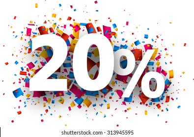 20% sale sign with colour confetti. Vector paper illustration.