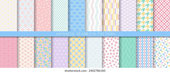 20 seamless pattern in japanese style. japanese traditional vector art in pretty pastel color.