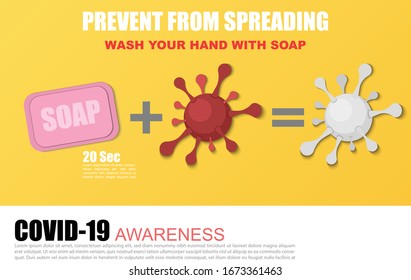 20 sec wash your hands often to prevent Corona virus. illustration of a hand holding a bar of soap against the COVID 19