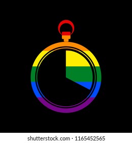 The 20 seconds, minutes stopwatch sign. Vector. Icon with colors of LGBT flag at black background.