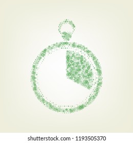 The 20 seconds, minutes stopwatch sign. Vector. Green hexagon rastered icon and noised opacity and size at light green background with central light.