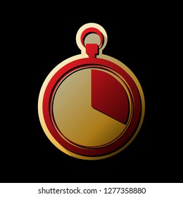 The 20 seconds, minutes stopwatch sign. Vector. Red icon with small black and limitless shadows at golden sticker on black background.