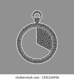The 20 seconds, minutes stopwatch sign. Vector. Black maze filled icon with white border at gray background.