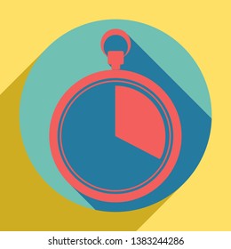 The 20 seconds, minutes stopwatch sign. Sunset orange icon with llapis lazuli shadow inside medium aquamarine circle with different goldenrod shadow at royal yellow background.